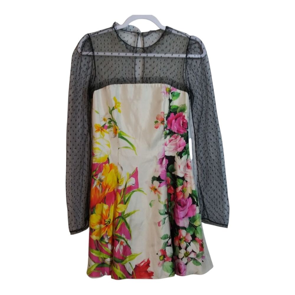 Blumarine Silk Floral Dress with Sheer Black Sleeves Luxury Feminine Size Small